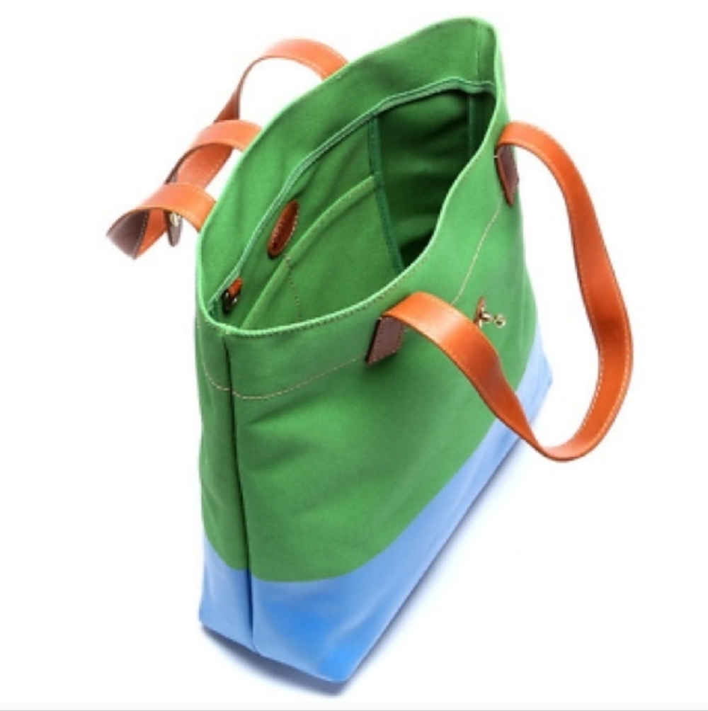 Fossil Austin Canvas & Leather Tote Bright Green/Blue Color Block Brass Hardware